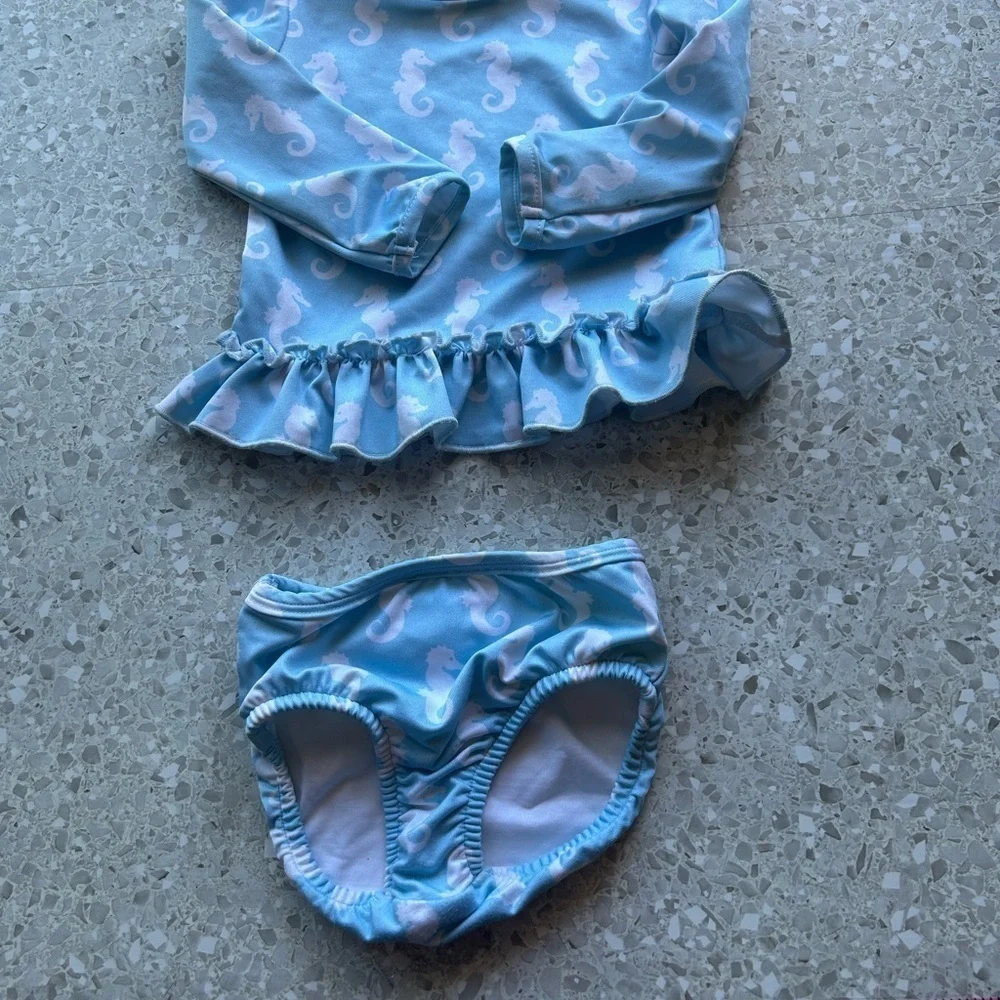 Vintage The Bailey Boys Novelty Print Seahorse Blue & White 2 pc. Swim 18Mo